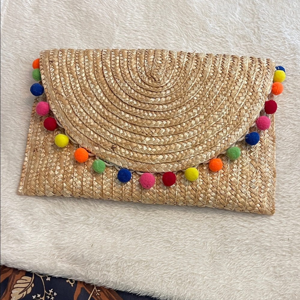 Colorful Pom Pom Straw Clutch
